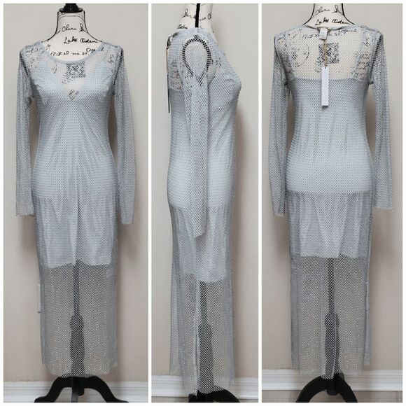✨💎 NWT HOUSE OF HARLOW 1960 Long Sleeve Mesh Crystal Rhinestone Maxi Dress Sz S - Picture 2 of 11